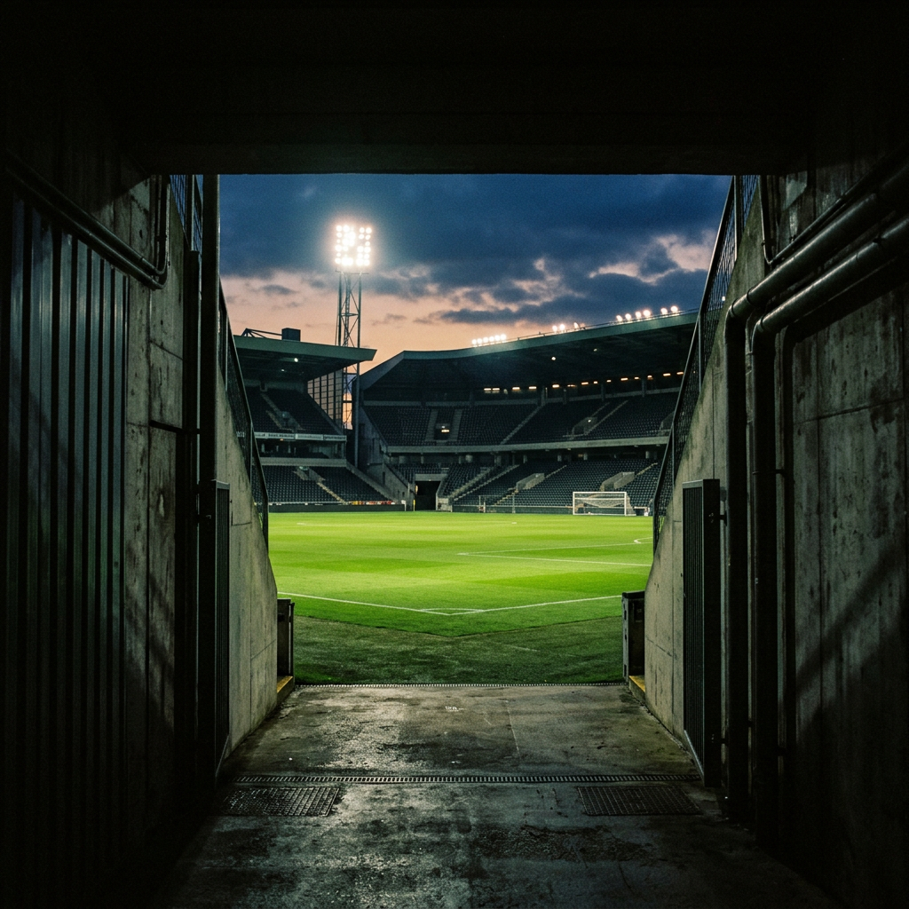 Empty floodlit football stadium viewed from a dark tunnel