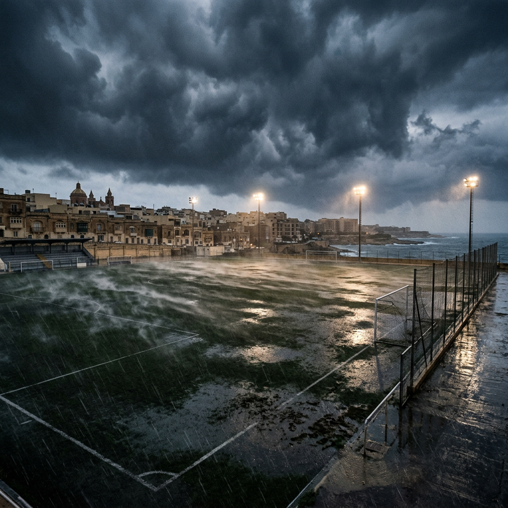 Rain-soaked football pitch beside a coastal town under dark storm clouds