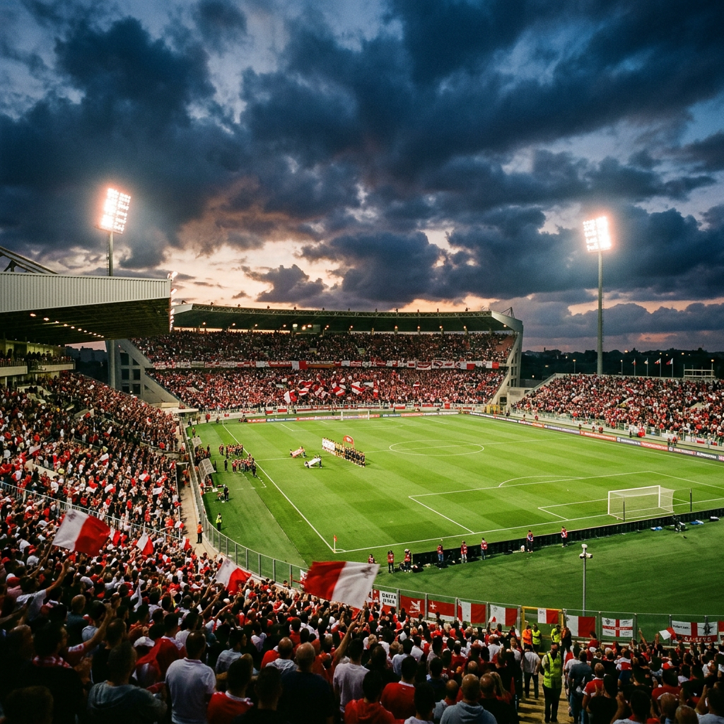 Packed football stadium with players gathered on a brightly lit field