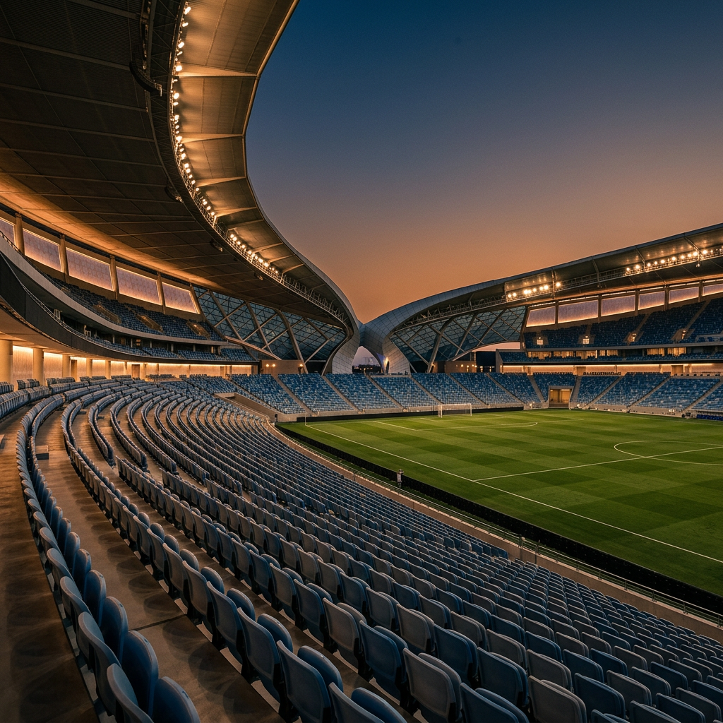 Empty modern football stadium with illuminated roof and green pitch at dusk