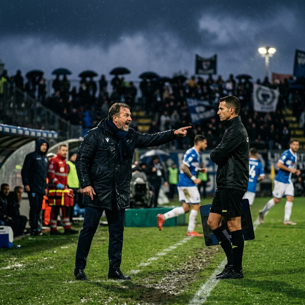 Coach pointing while speaking with match official during a rainy football match