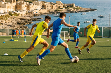 Footballers in blue and yellow kits playing on a coastal pitch